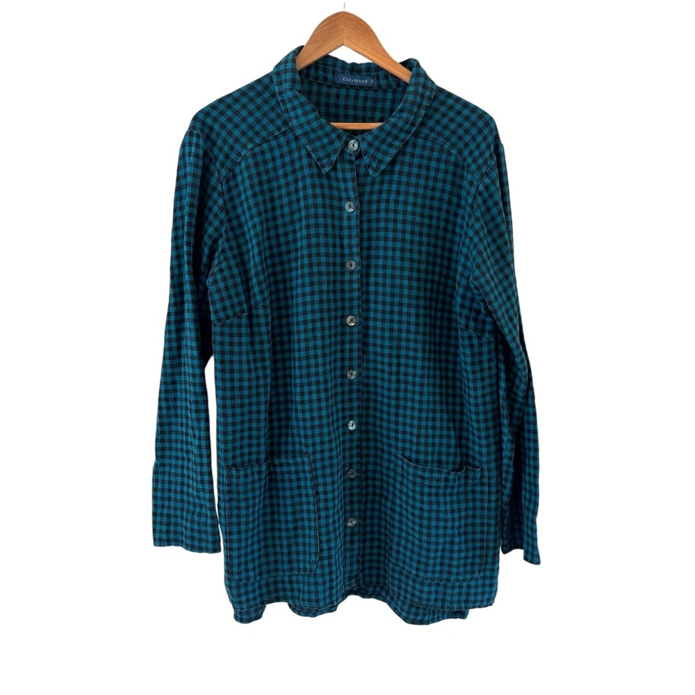 Cut Loose Gingham Button Up Womens M Teal Black Long Sleeve Lagenlook Oversized